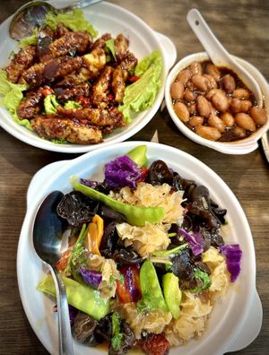 Black Pepper Meat Slices, “ Clouds” & Stewed Peanuts   at North South East West Fusion Vegetarian Restaurant 东南西北素食融合餐馆 in Central Singapore