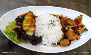 Gong Bao Chicken w/ Basmati Rice at North South East West Fusion Vegetarian Restaurant 东南西北素食融合餐馆 in Central Singapore