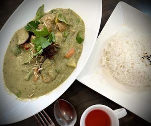 Thai Green Curry Lion’s Mane Mushroom with rice  at North South East West Fusion Vegetarian Restaurant 东南西北素食融合餐馆 in Central Singapore