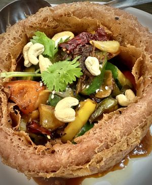 Golden Ring with Lion Mane Mushroom   at North South East West Fusion Vegetarian Restaurant 东南西北素食融合餐馆 in Central Singapore