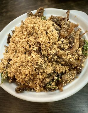 Crispy Nestum - crispy fried abalone mushroom with cereall  at North South East West Fusion Vegetarian Restaurant 东南西北素食融合餐馆 in Central Singapore