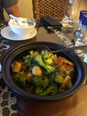 Satay veggies with lovely pieces of peanuts and a nice sauce.  at Woks Up in Tennant Creek