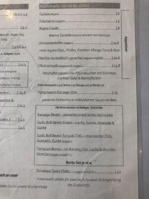 Speisekarte Abend / menu for the evening  at Villa Kalka in Cologne