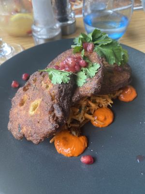 Appetiser - sweetcorn courgette fritters   at Ego Mediterranean in Lytham St Annes