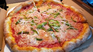 Pizza with vegan cheese and toppings. Excellent crust, sauce and cheese. at Big River Pizza in St Paul