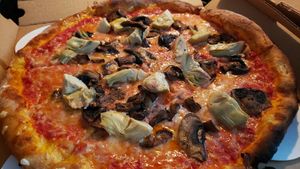 Vegan pizza with mushrooms and artichoke. Excellent. at Big River Pizza in St Paul