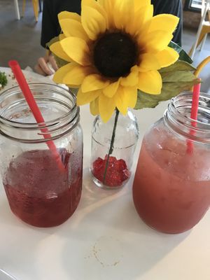 Raspberry iced tea and strawberry water at Belenty's Love in Fort Worth