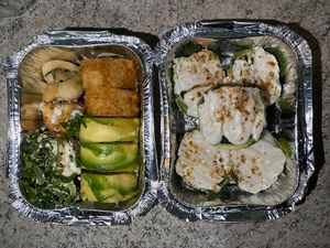 Sushi rolls, gyosas and crispy tofu (leftovers 😅)  at Kambo Vegan Sushi in Santiago