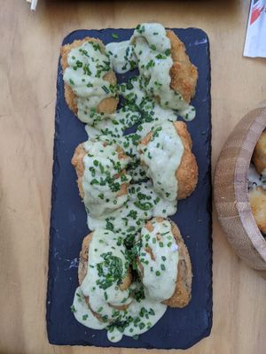 Battered mushrooms with a delicious tangy sauce at Kambo Vegan Sushi in Santiago