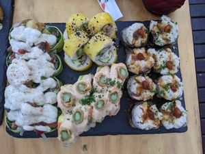 All stars combo + tropical almond rolls (the yellow ones) at Kambo Vegan Sushi in Santiago