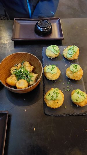 Gyozas de quinoa, Volcano roll at Kambo Vegan Sushi in Santiago