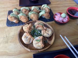 Champi Furai and gyozas. Champi Furai was soggy and lacked taste. Gyozas are more like mini empanadas.  at Kambo Vegan Sushi in Santiago