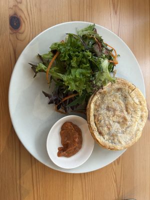Mushroom pie with homemade tomato sauce/chutney  at Cafe Stepping Stone in Canberra