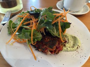 Beetroot and carrot fritters  at Cafe Stepping Stone in Canberra