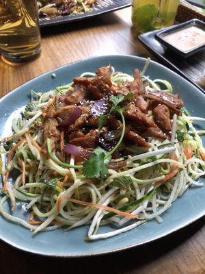 Zucchini and radish spirelli with soy curls   at Com Chay in Mannheim