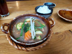 No. 28 on the menu (caramelised tofu, seitan, vegan wurst) at Com Chay in Mannheim