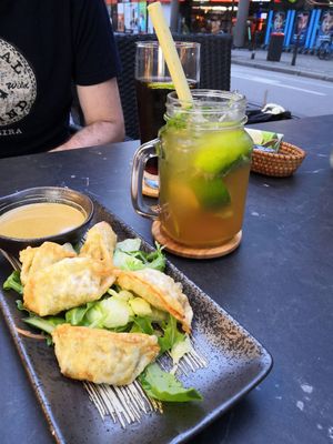 Gyozas and lemonade with green tea at Com Chay in Mannheim