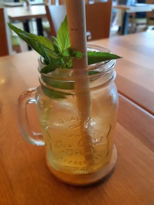 Unsweetened iced green tea with mint at Com Chay in Mannheim