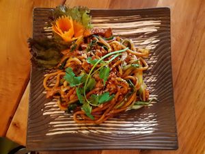 Fried udon noodles with vegetables and tofu (menu no. 21) at Com Chay in Mannheim