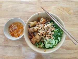 bun cha gio (dry noodles, veg and fried spring rolls)  at Pippala Vegan in Ho Chi Minh City
