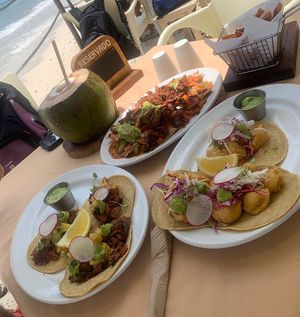 The vegan nachos with jackfruit were incredible. We will absolutely order again. The tacos were the jackfruit and the Baja cauliflower. Both were amazing and would recommend!! at Lido Beach Club  in Playa Del Carmen