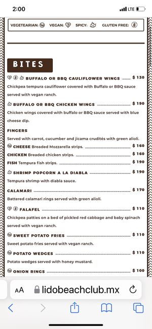 Menu at Lido Beach Club  in Playa Del Carmen