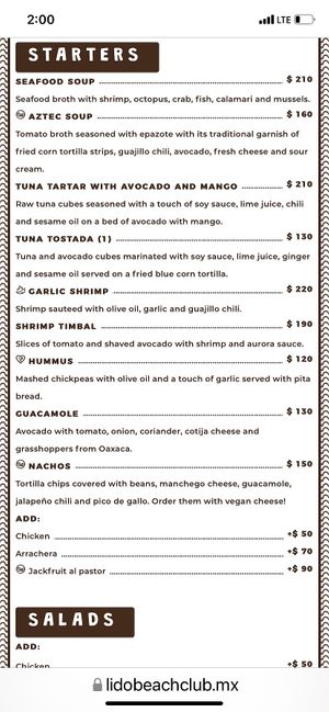 Menu at Lido Beach Club  in Playa Del Carmen