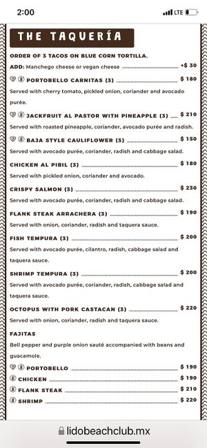 Menu  at Lido Beach Club  in Playa Del Carmen