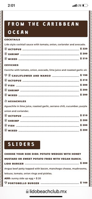 Menu at Lido Beach Club  in Playa Del Carmen