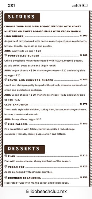 Menu  at Lido Beach Club  in Playa Del Carmen