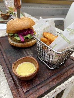 Lentil and chickpea burger at Lido Beach Club  in Playa Del Carmen