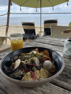Vegan Chilaquiles with portobello added on  at Lido Beach Club  in Playa Del Carmen