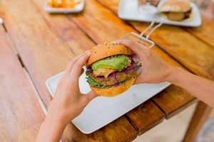 Lentil burger 🙌🏼 at Lido Beach Club  in Playa Del Carmen