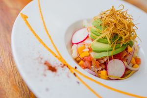 This is a vegan ceviche it has avocado, tomato, cucumber, purple onion,radish, coriander and touch of pasilla chili, cauliflower and mango. at Lido Beach Club  in Playa Del Carmen