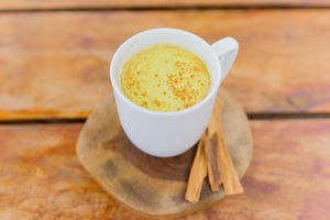 This is the more deli golden milk it has Turmeric, ginger, cinnamon, pepper, vanilla and maple syrup. at Lido Beach Club  in Playa Del Carmen