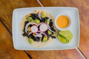 This is the portobello carnitas it comes with avocado an  chipotle dip at Lido Beach Club  in Playa Del Carmen