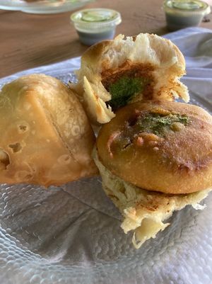 Samosa and Mashed Potato Ball Sandwich  at Sunny's Asian Food & Spices in Solon