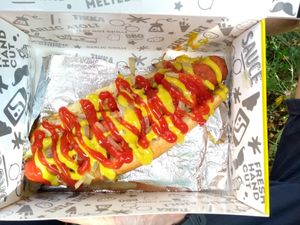 Jumbo hotdog at Awesome Chips in North London