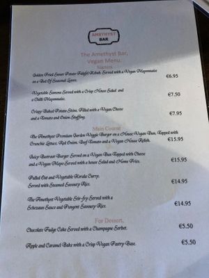 separate vegan menu  at The Amethyst Bar in Keel