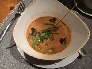 Asian soup with coconut milk, vegan at Gasthof Post in Hellmonsoedt