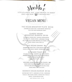 Vegan Brunch Menu at MeeMa's in Long Beach