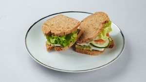 Mediterraneo sandwich
(salad, tomatoes, cucumber, hummus, olives, feta cheese) at Surya Soul Temple Cafe in Pula