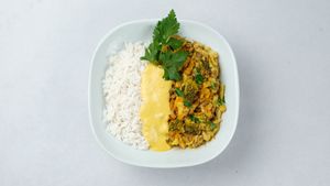 Curry 
(mixed seasonal vegetables with Indian spices and basmati rice) at Surya Soul Temple Cafe in Pula