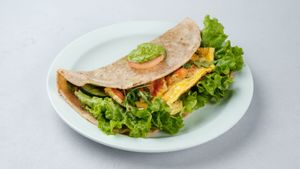 Sunrise chapati
(sunflower seeds spread, salad, tomatoes, cucumbers, omlette with fresh vegetables, tachini) at Surya Soul Temple Cafe in Pula