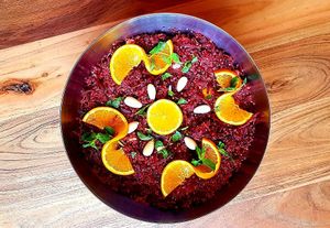 Quinoa Salat with red beet, orange, almonds and fresh herbs at Surya Soul Temple Cafe in Pula