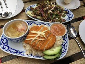 Vegan Khao Mun Gai Tod and impossible larb  at Glur in New York City