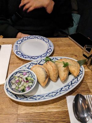 Vegan curry puffs at Glur in New York City