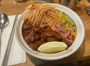 Dish out of their Fall special menu with noodles and mock duck (curry based)  at Glur in New York City