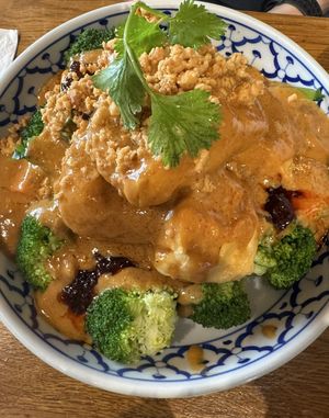 Vegan special with fried tofu and peanut sauce  at Glur in New York City