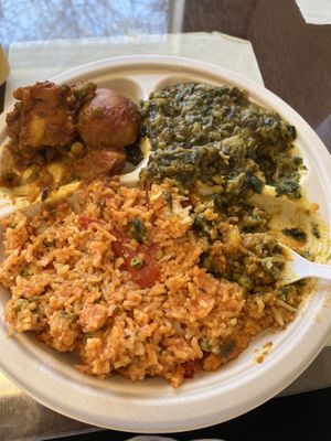 “Biryani” (more like pilau), saag daal, and aloo mattar 😍  at Earthen Jar in Ann Arbor